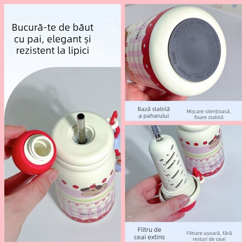 Ceșuță izolată cu pai și strecurător de ceai – interior din oțel inoxidabil 316, exterior din oțel inoxidabil 304, izolație 6–12 ore