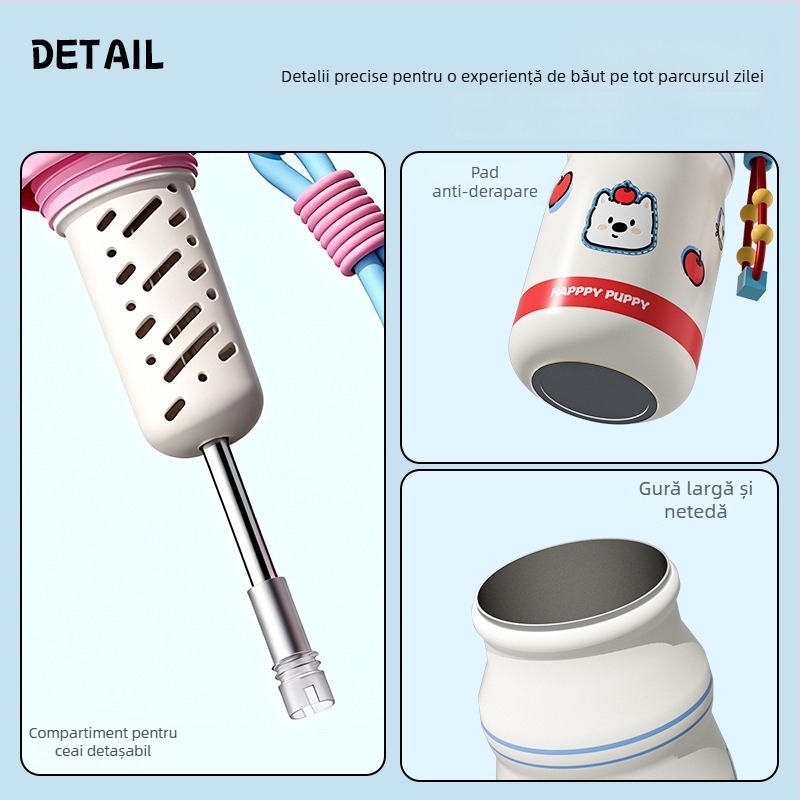 Ceșuță izolată cu pai și strecurător de ceai – interior din oțel inoxidabil 316, exterior din oțel inoxidabil 304, izolație 6–12 ore