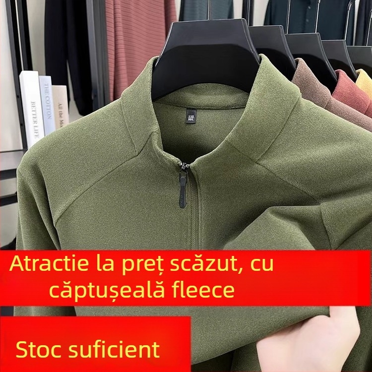 Tricou bărbați cu fermoar parțial și guler înalt, mâneci lungi, Slim fit (viscoză amestec, uni, toamnă 2025)