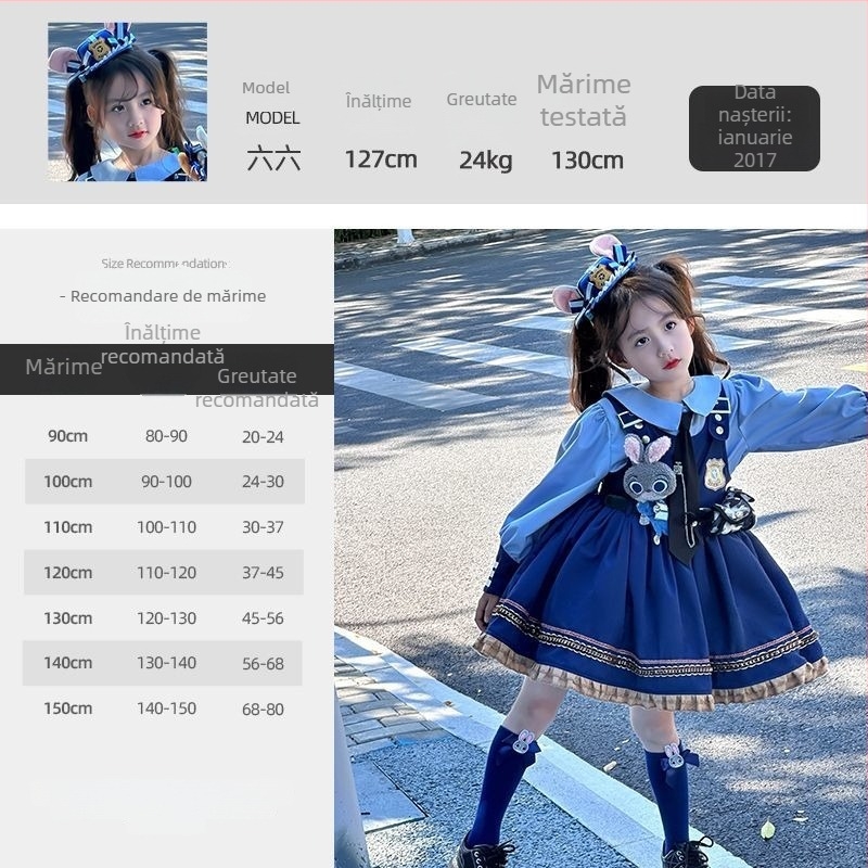 Costum pentru copii în două părți: rochie în stil Rabbit Officer Judy Lolita, material terry, 50–70% blană de iepure, fustă A-line, potrivit pentru nou-născuți 0–1 ani, primăvară-toamnă.