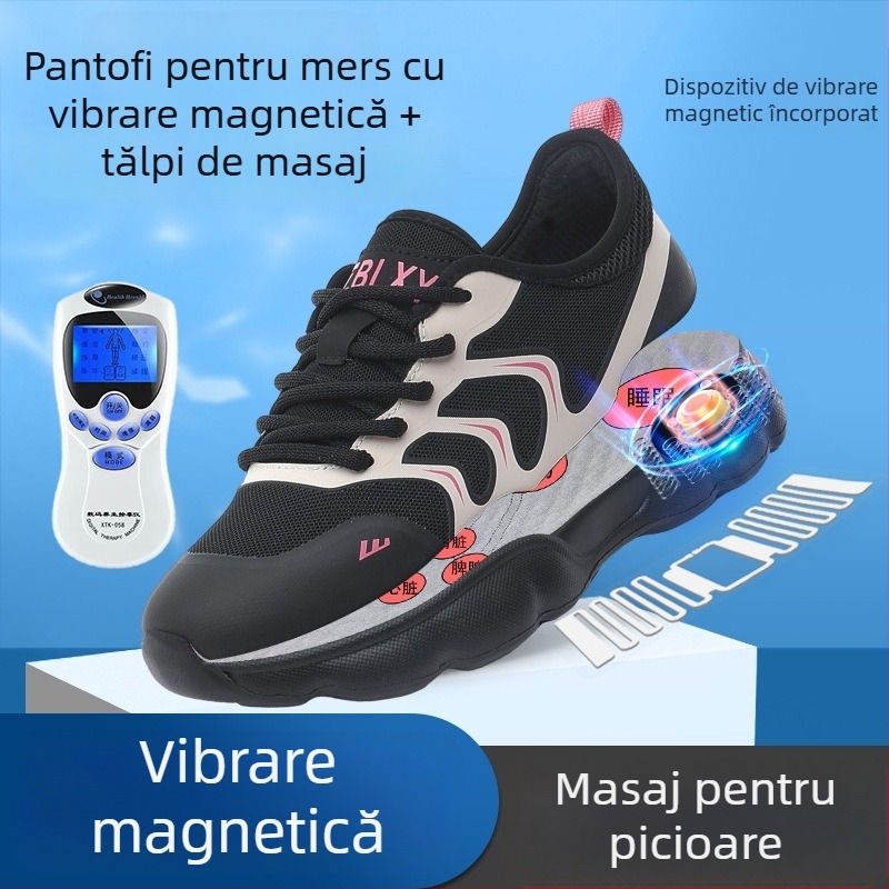 Pantofi de masaj pentru picioare cu vibrație magnetică - pantofi de alergare din plasă pentru femei, șireturi frontale, vârf rotund, toc 3-5 cm, vară 2025