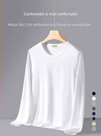 Tricou de bază pentru bărbați, din amestec modal-cotton-elastan, mâneci lungi, guler rotund, croială mulată
