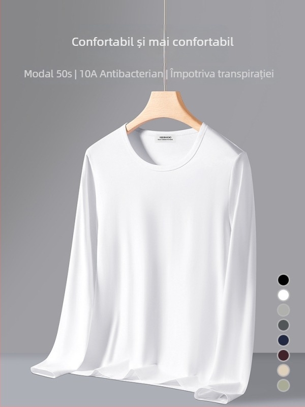 Tricou de bază pentru bărbați, din amestec modal-cotton-elastan, mâneci lungi, guler rotund, croială mulată