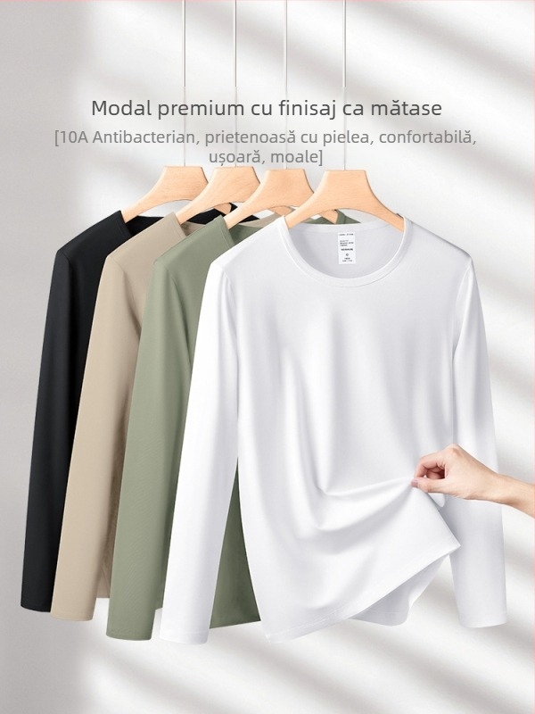 Tricou de bază pentru bărbați, din amestec modal-cotton-elastan, mâneci lungi, guler rotund, croială mulată