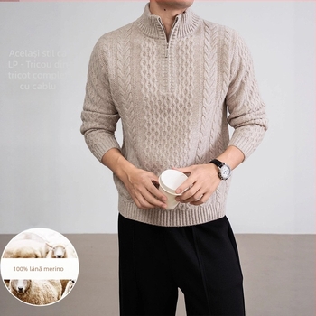 Pulover din lână 100% cu model cable integral și jacquard, fermoar și guler semi-înalt, grosime 7-gauge