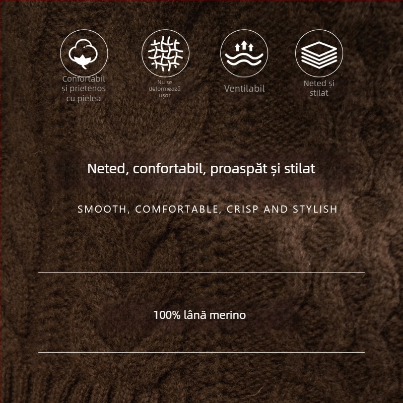 Pulover din lână 100% cu model cable integral și jacquard, fermoar și guler semi-înalt, grosime 7-gauge