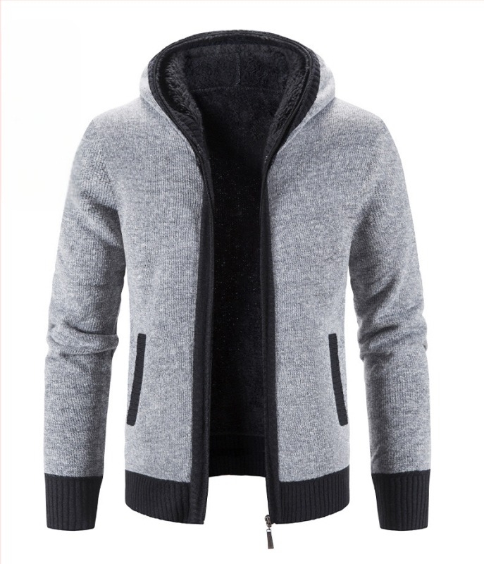 Cardigan tricotat pentru bărbați, căptușit cu fleece, stil coreean, croială lejeră, mâneci lungi