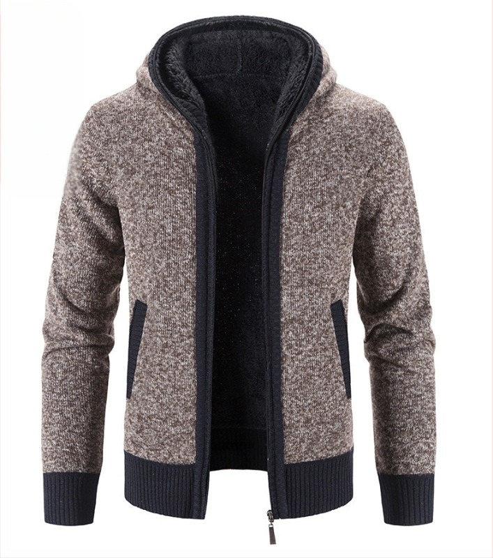 Cardigan tricotat pentru bărbați, căptușit cu fleece, stil coreean, croială lejeră, mâneci lungi