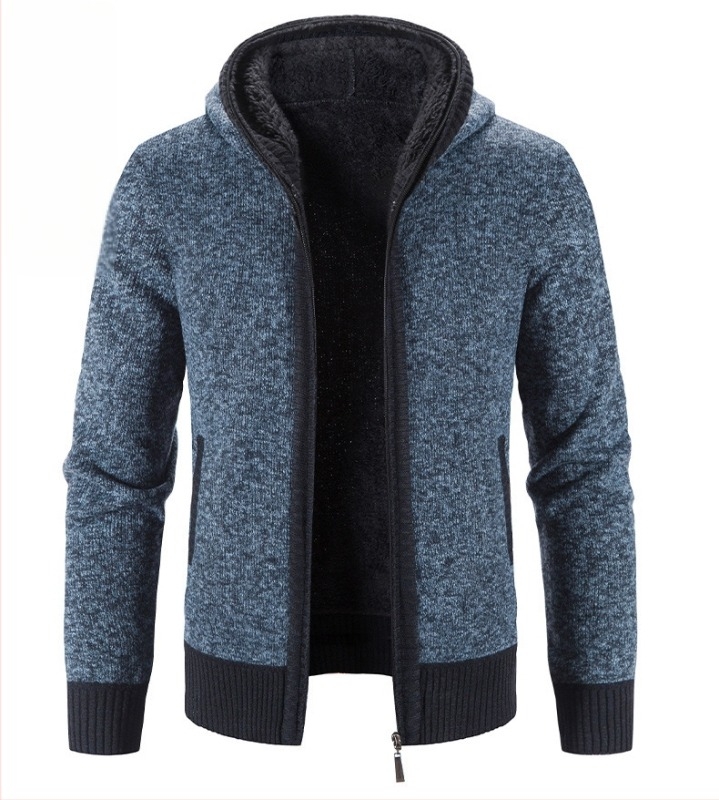 Cardigan tricotat pentru bărbați, căptușit cu fleece, stil coreean, croială lejeră, mâneci lungi