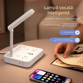 Lampă de birou pliabilă cu priză, port USB Type-C și USB, control vocal și telecomandă