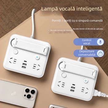 Lampă de birou pliabilă cu priză, port USB Type-C și USB, control vocal și telecomandă