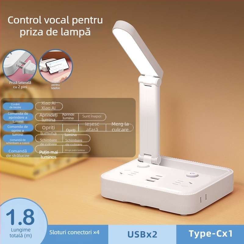 Lampă de birou pliabilă cu priză, port USB Type-C și USB, control vocal și telecomandă
