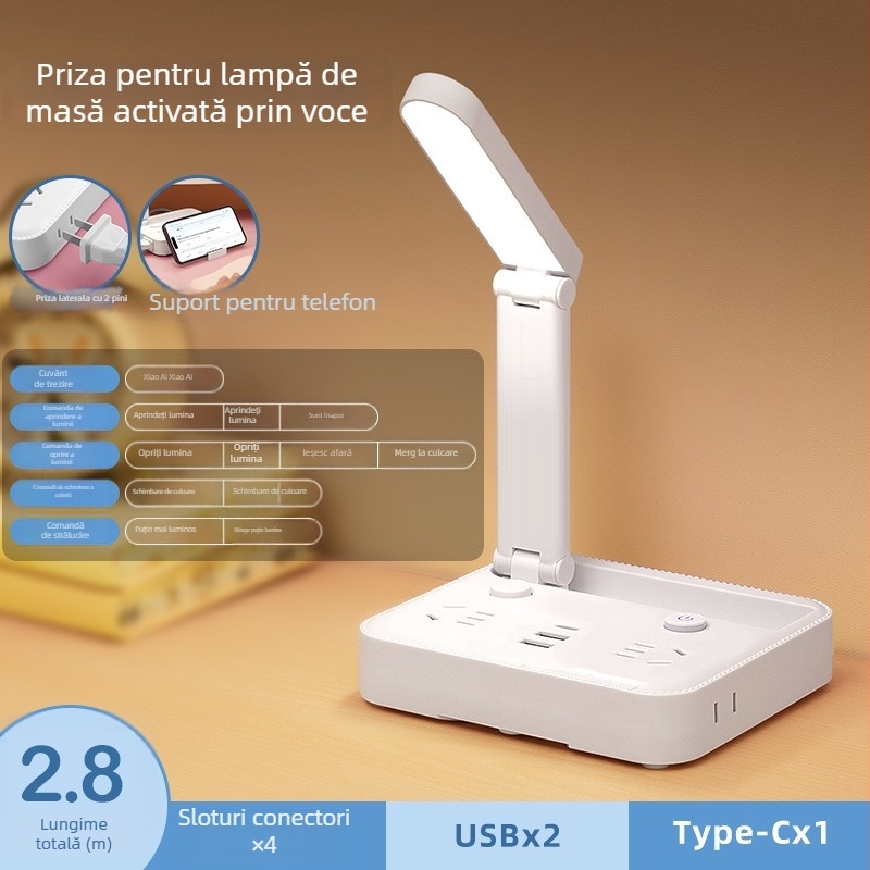 Lampă de birou pliabilă cu priză, port USB Type-C și USB, control vocal și telecomandă