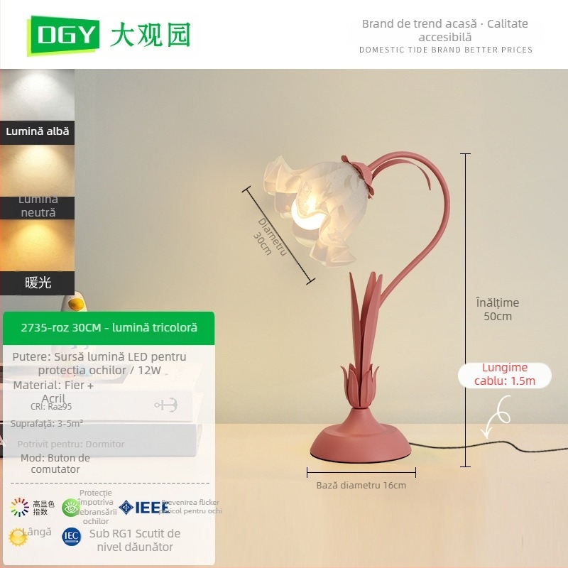 Lampa de birou cu design floral, stil modern minimalist, CRI ≥95, 5W, tensiune ≤36V, abajur din plastic, întrerupător cu buton