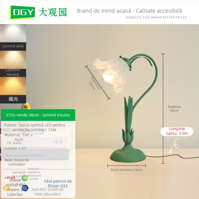 Lampa de birou cu design floral, stil modern minimalist, CRI ≥95, 5W, tensiune ≤36V, abajur din plastic, întrerupător cu buton