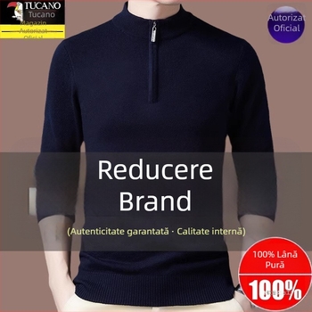 Pulover tricotat din lână pentru bărbați, cu glugă, croială dreaptă, guler cu fermoar parțial, mâneci lungi