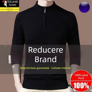 Pulover tricotat din lână pentru bărbați, cu glugă, croială dreaptă, guler cu fermoar parțial, mâneci lungi