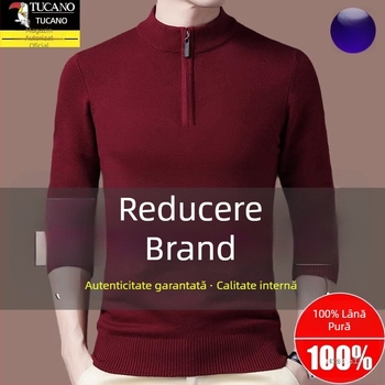 Pulover tricotat din lână pentru bărbați, cu glugă, croială dreaptă, guler cu fermoar parțial, mâneci lungi