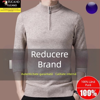 Pulover tricotat din lână pentru bărbați, cu glugă, croială dreaptă, guler cu fermoar parțial, mâneci lungi