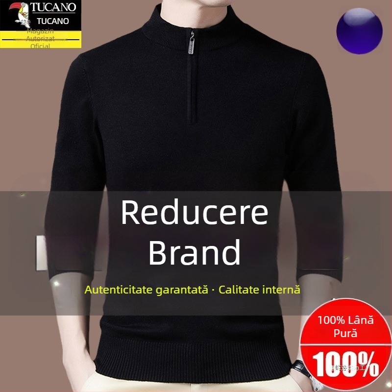 Pulover tricotat din lână pentru bărbați, cu glugă, croială dreaptă, guler cu fermoar parțial, mâneci lungi