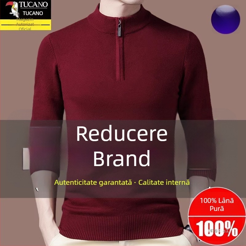 Pulover tricotat din lână pentru bărbați, cu glugă, croială dreaptă, guler cu fermoar parțial, mâneci lungi