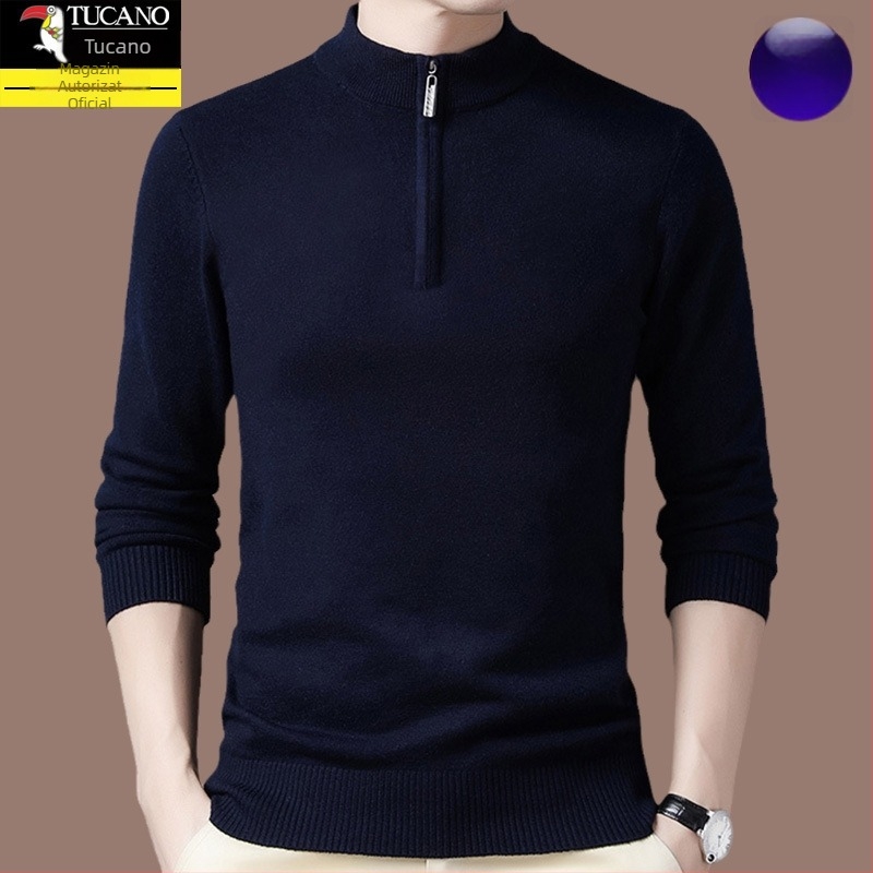 Pulover tricotat din lână pentru bărbați, cu glugă, croială dreaptă, guler cu fermoar parțial, mâneci lungi