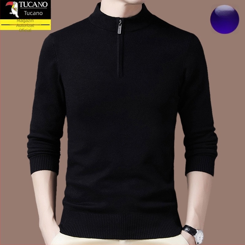 Pulover tricotat din lână pentru bărbați, cu glugă, croială dreaptă, guler cu fermoar parțial, mâneci lungi