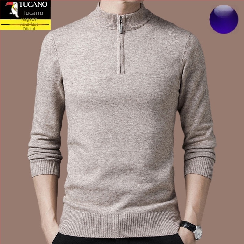 Pulover tricotat din lână pentru bărbați, cu glugă, croială dreaptă, guler cu fermoar parțial, mâneci lungi