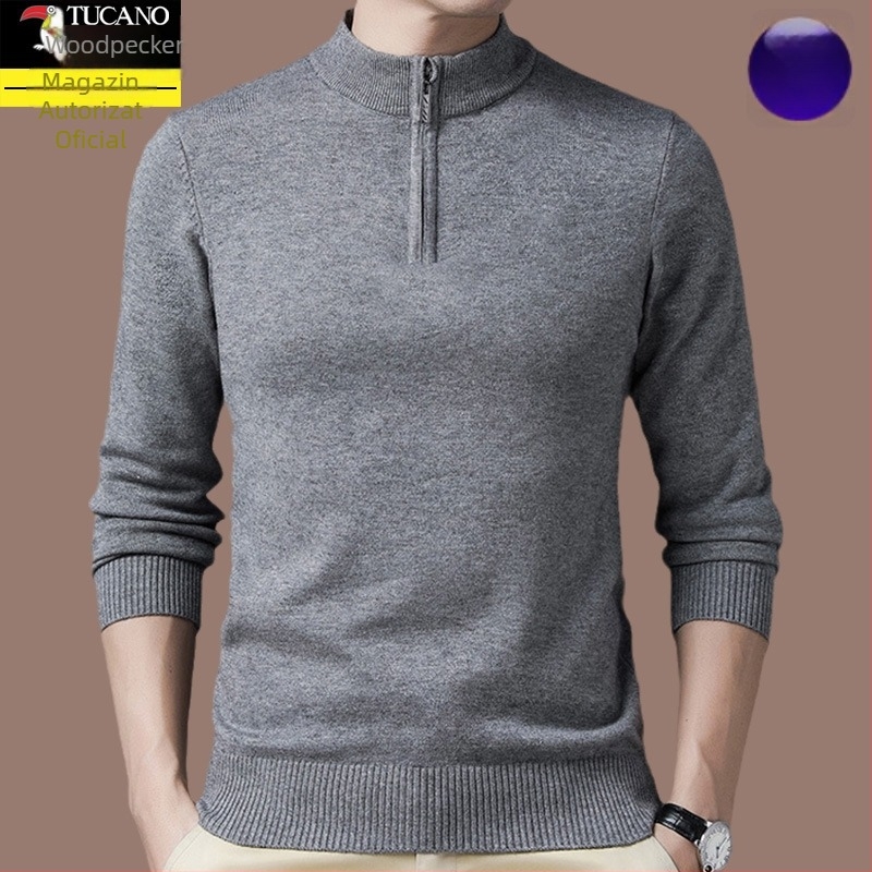 Pulover tricotat din lână pentru bărbați, cu glugă, croială dreaptă, guler cu fermoar parțial, mâneci lungi