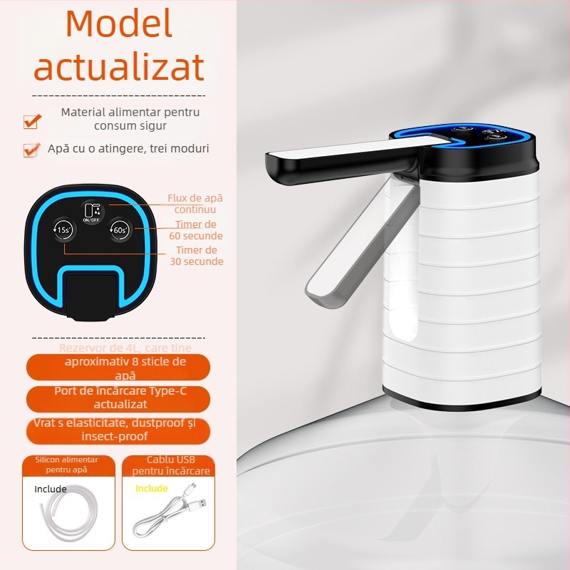 Pompa electrică pliabilă pentru dozator de apă îmbuteliată cu afișaj tactil, model D36, alimentare USB, 5V, 5W