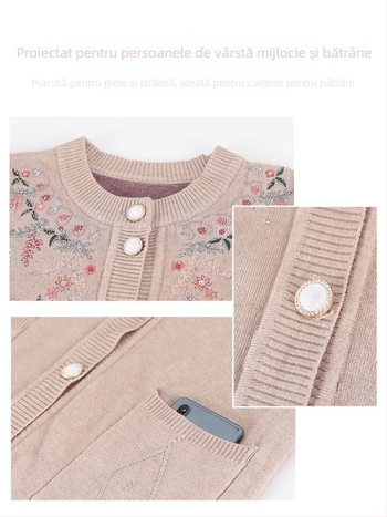 Cardigan pentru femei, tricotat, stil elegant urban; poliester >95%, model floral vegetal, mâneci lungi, guler rotund, lungime 50–65 cm