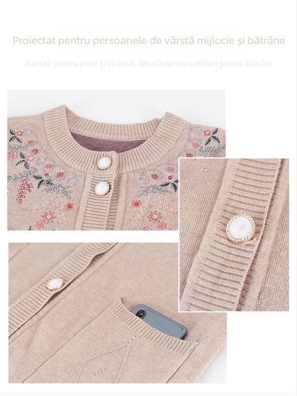 Cardigan pentru femei, tricotat, stil elegant urban; poliester >95%, model floral vegetal, mâneci lungi, guler rotund, lungime 50–65 cm