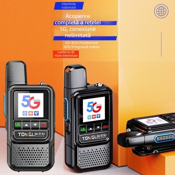 Radio portabil Tricos cu autonomie >50 km, 200 canale, putere RF de 1 W, baterie 6800 mAh.