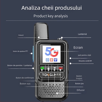 Radio portabil Tricos cu autonomie >50 km, 200 canale, putere RF de 1 W, baterie 6800 mAh.