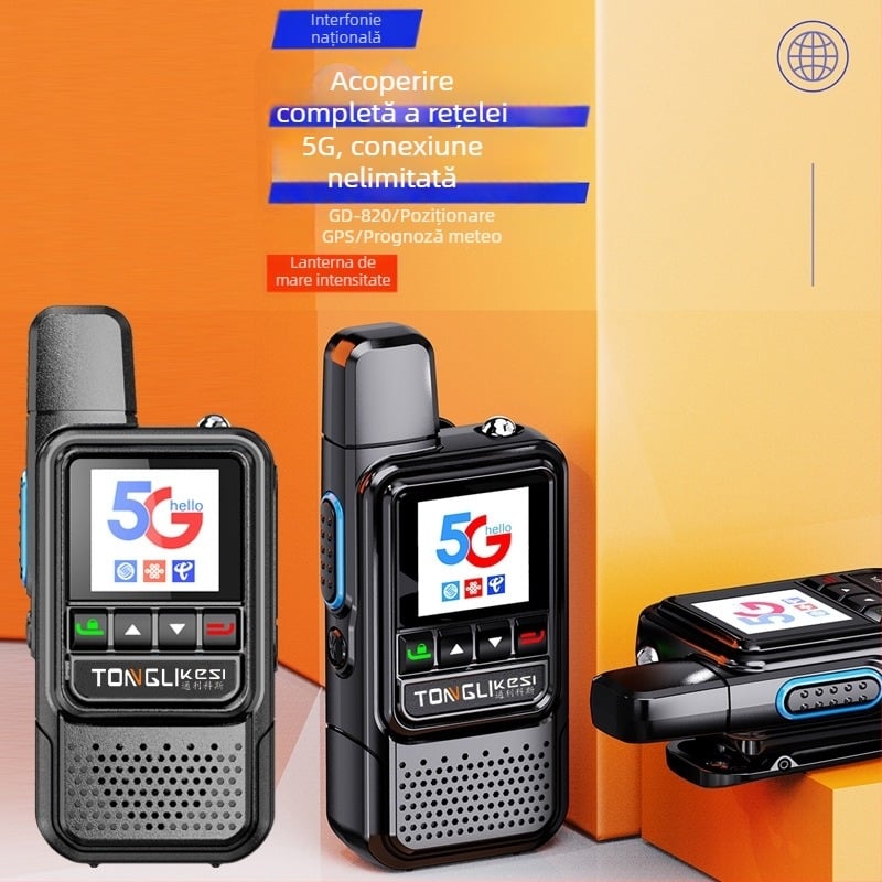 Radio portabil Tricos cu autonomie >50 km, 200 canale, putere RF de 1 W, baterie 6800 mAh.