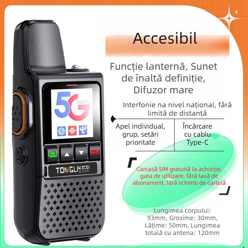Radio portabil Tricos cu autonomie >50 km, 200 canale, putere RF de 1 W, baterie 6800 mAh.