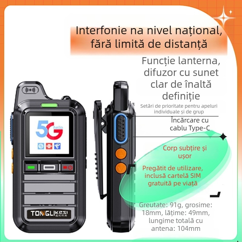 Radio portabil Tricos cu autonomie >50 km, 200 canale, putere RF de 1 W, baterie 6800 mAh.
