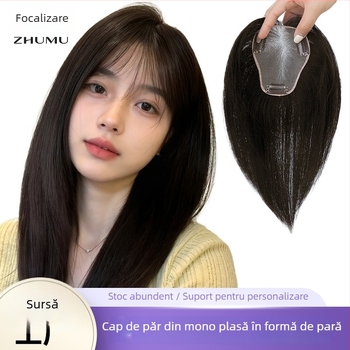 Topper de păr pentru femei, plasă mono respirabilă în formă de pară, lucrat integral manual, păr uman real, conferă volum
