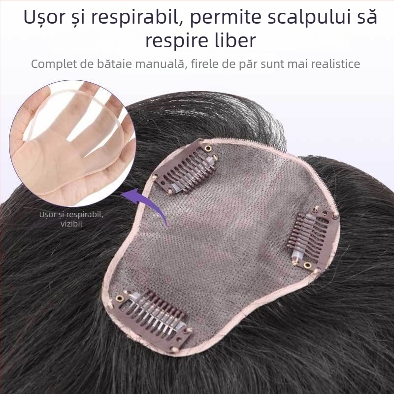 Topper de păr pentru femei, plasă mono respirabilă în formă de pară, lucrat integral manual, păr uman real, conferă volum