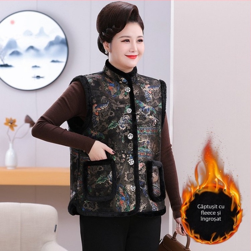 Vesta în stil chinezesc pentru toamnă-iarnă, material Spandex, model 3D, lungime obișnuită 50–65 cm