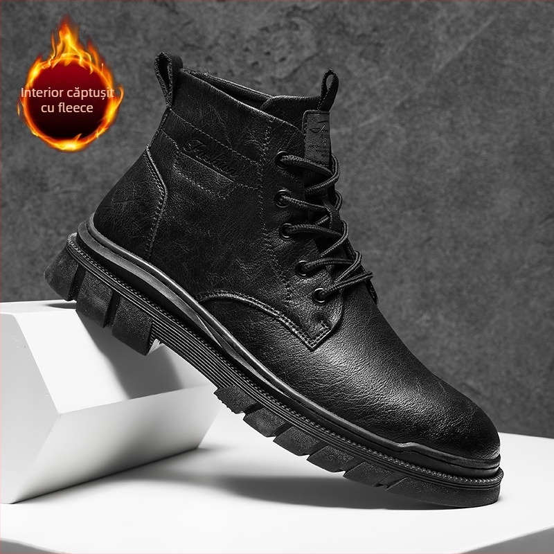Botine Martin pentru bărbați, înalte și medii, piele naturală, talpă din cauciuc, vârf rotund, toc gros, fermoar frontal, crește înălțimea