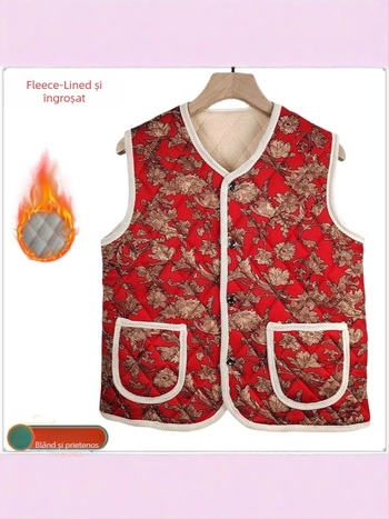 Vestă fără mâneci în stil chinezesc pentru iarna 2025, căptușită cu fleece și groasă, imprimeu floral, țesătură milk silk cu 90–95% poliester