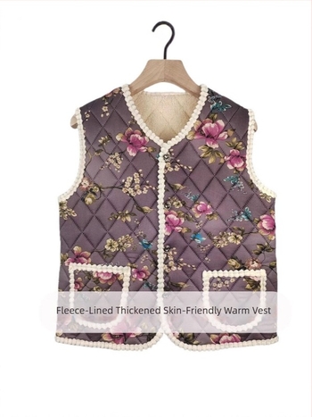 Vestă fără mâneci în stil chinezesc pentru iarna 2025, căptușită cu fleece și groasă, imprimeu floral, țesătură milk silk cu 90–95% poliester