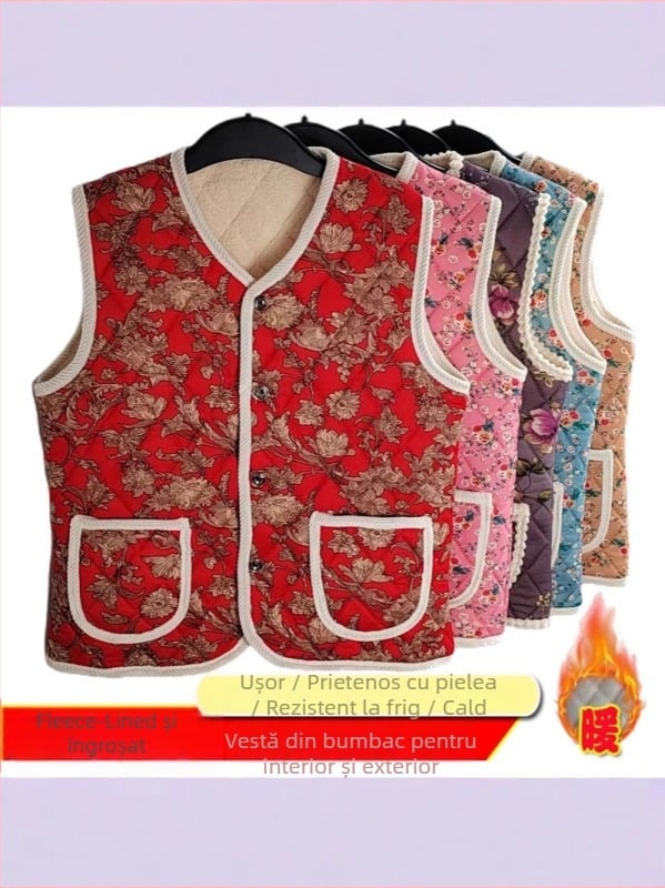 Vestă fără mâneci în stil chinezesc pentru iarna 2025, căptușită cu fleece și groasă, imprimeu floral, țesătură milk silk cu 90–95% poliester