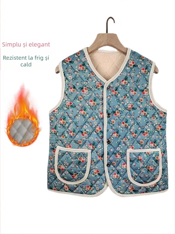 Vestă fără mâneci în stil chinezesc pentru iarna 2025, căptușită cu fleece și groasă, imprimeu floral, țesătură milk silk cu 90–95% poliester