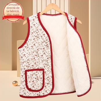 Vesta florală din poliester, pentru femei de vârstă mijlocie și în vârstă; exterior în stil cardigan; exterior 70–80% poliester, interior 50–70% poliester; lungime 50–65 cm; textură embossată; stil japonez/coreean lejer