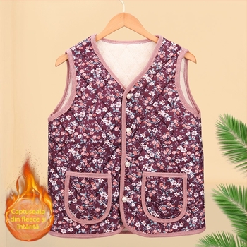 Vesta florală din poliester, pentru femei de vârstă mijlocie și în vârstă; exterior în stil cardigan; exterior 70–80% poliester, interior 50–70% poliester; lungime 50–65 cm; textură embossată; stil japonez/coreean lejer