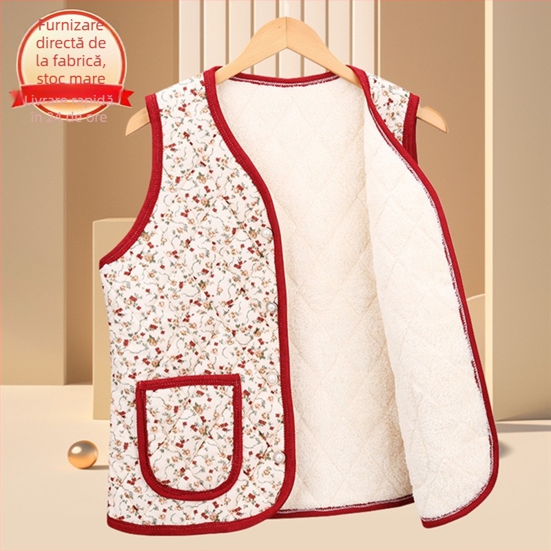 Vesta florală din poliester, pentru femei de vârstă mijlocie și în vârstă; exterior în stil cardigan; exterior 70–80% poliester, interior 50–70% poliester; lungime 50–65 cm; textură embossată; stil japonez/coreean lejer