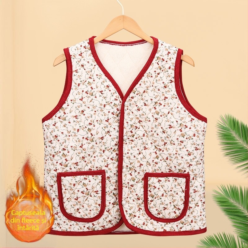 Vesta florală din poliester, pentru femei de vârstă mijlocie și în vârstă; exterior în stil cardigan; exterior 70–80% poliester, interior 50–70% poliester; lungime 50–65 cm; textură embossată; stil japonez/coreean lejer