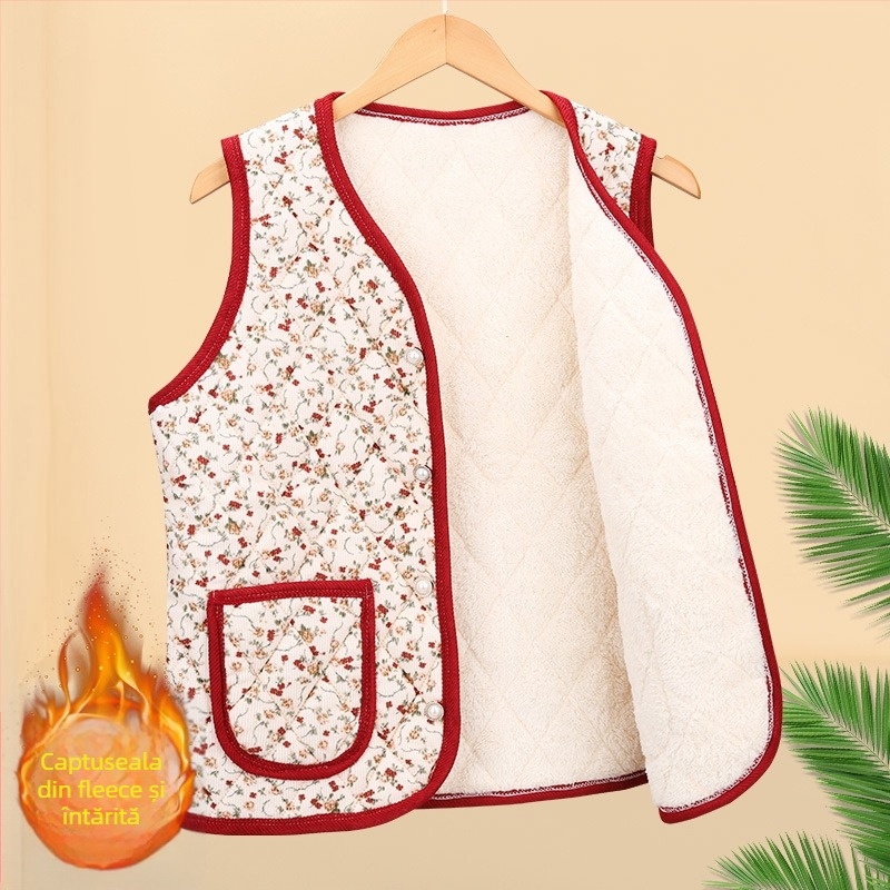 Vesta florală din poliester, pentru femei de vârstă mijlocie și în vârstă; exterior în stil cardigan; exterior 70–80% poliester, interior 50–70% poliester; lungime 50–65 cm; textură embossată; stil japonez/coreean lejer